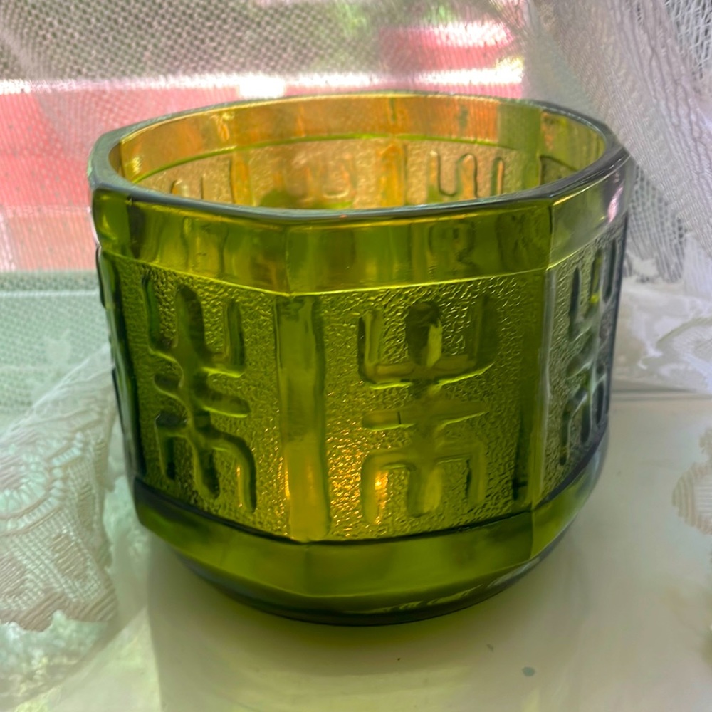 Vintage 60s/70s green glass octagon candle holder